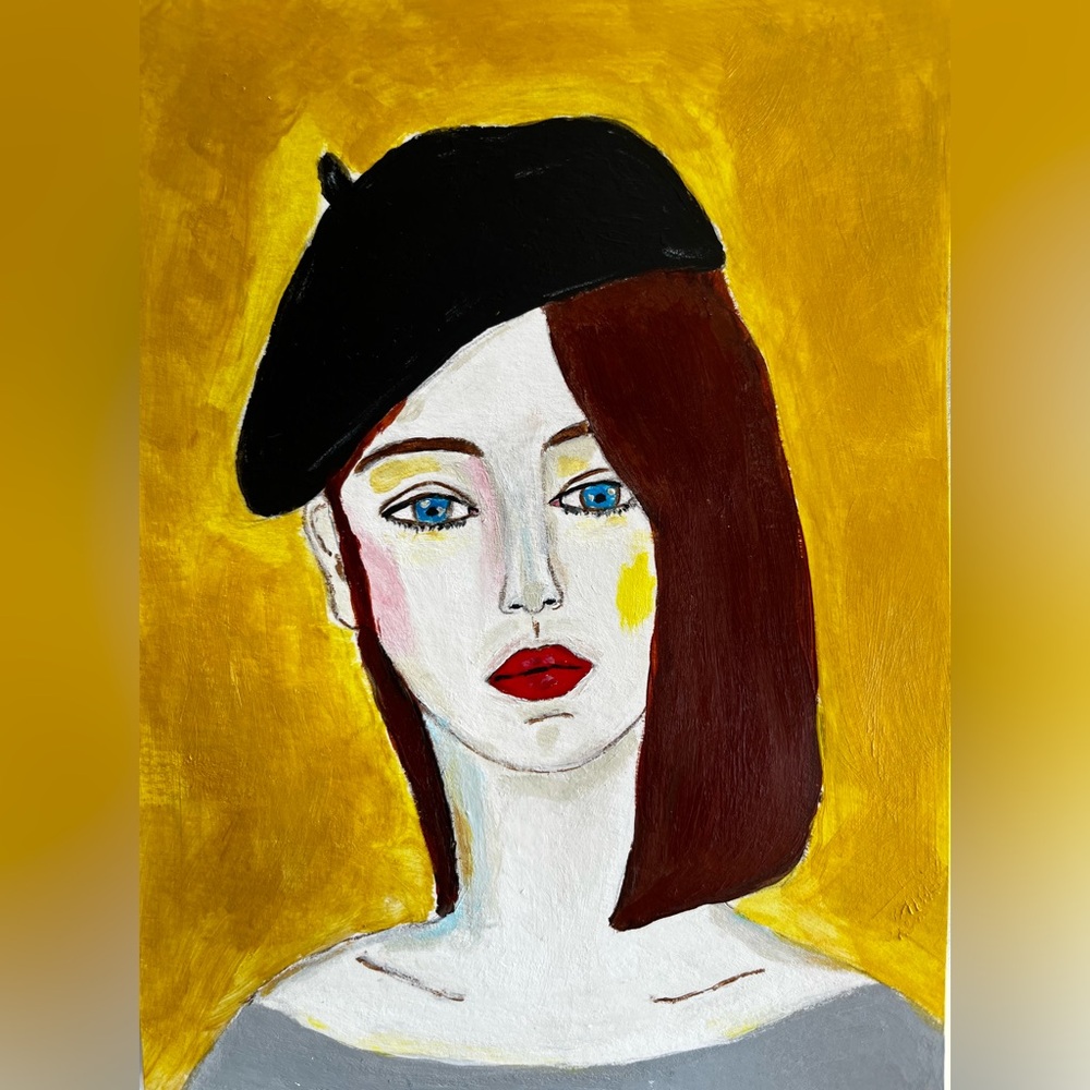 Original art abstract Portrait abstract Painting w/beret